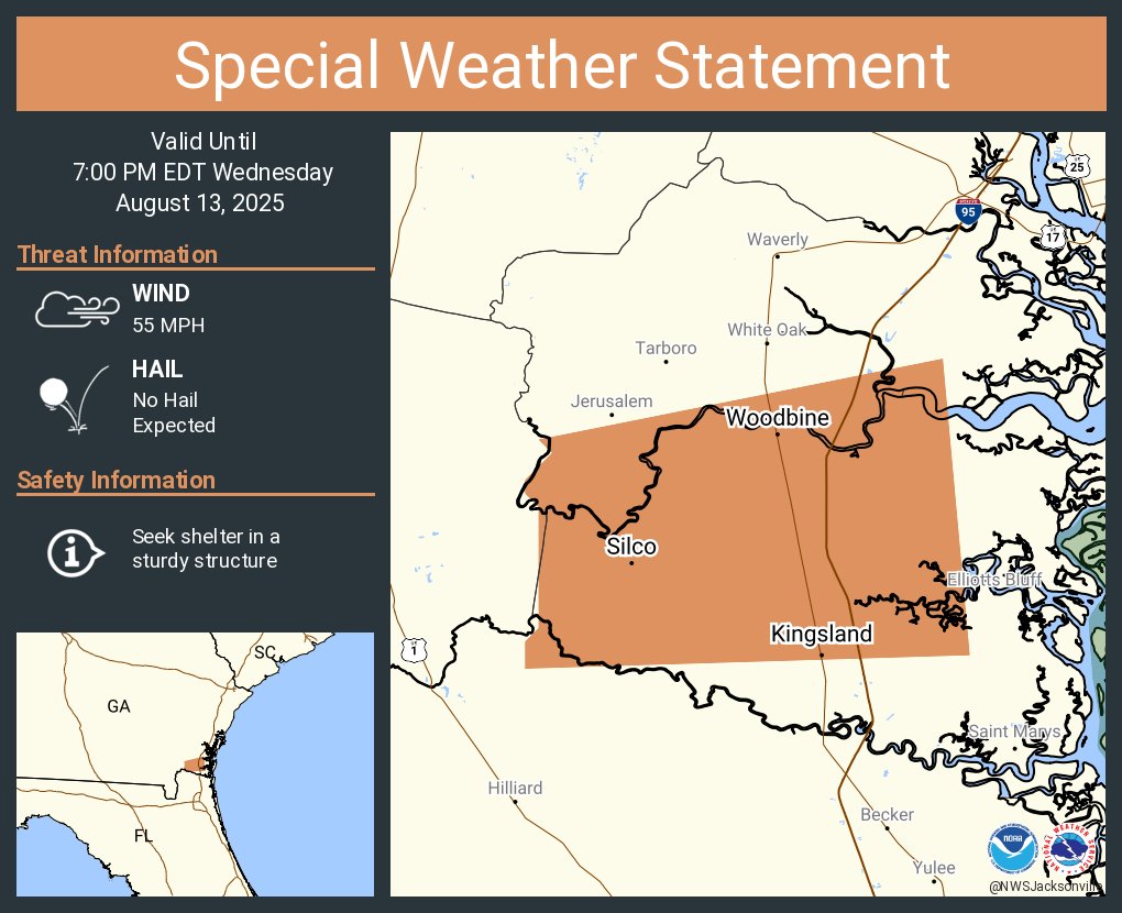 A special weather statement has been issued for Kingsland GA, Woodbine GA and  Silco GA until 7:00 PM EDT