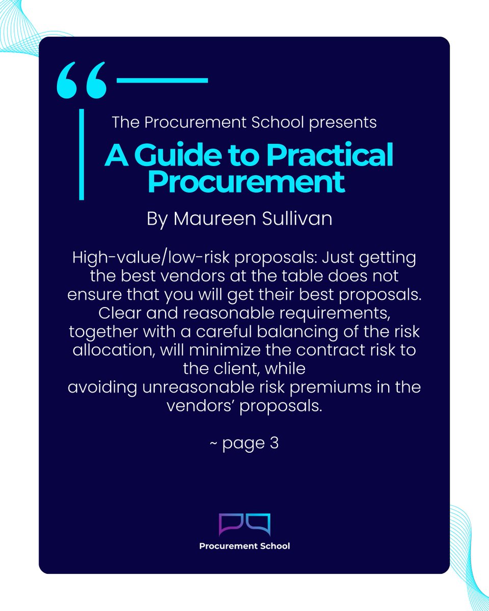 Even top vendors can hold back their best ideas if requirements are vague or risks are unfairly stacked against them. The fix?
✅ Be clear and reasonable in your requirements
✅ Share risk fairly
Ebook:
theprocurementschool.com/books/the-proc…