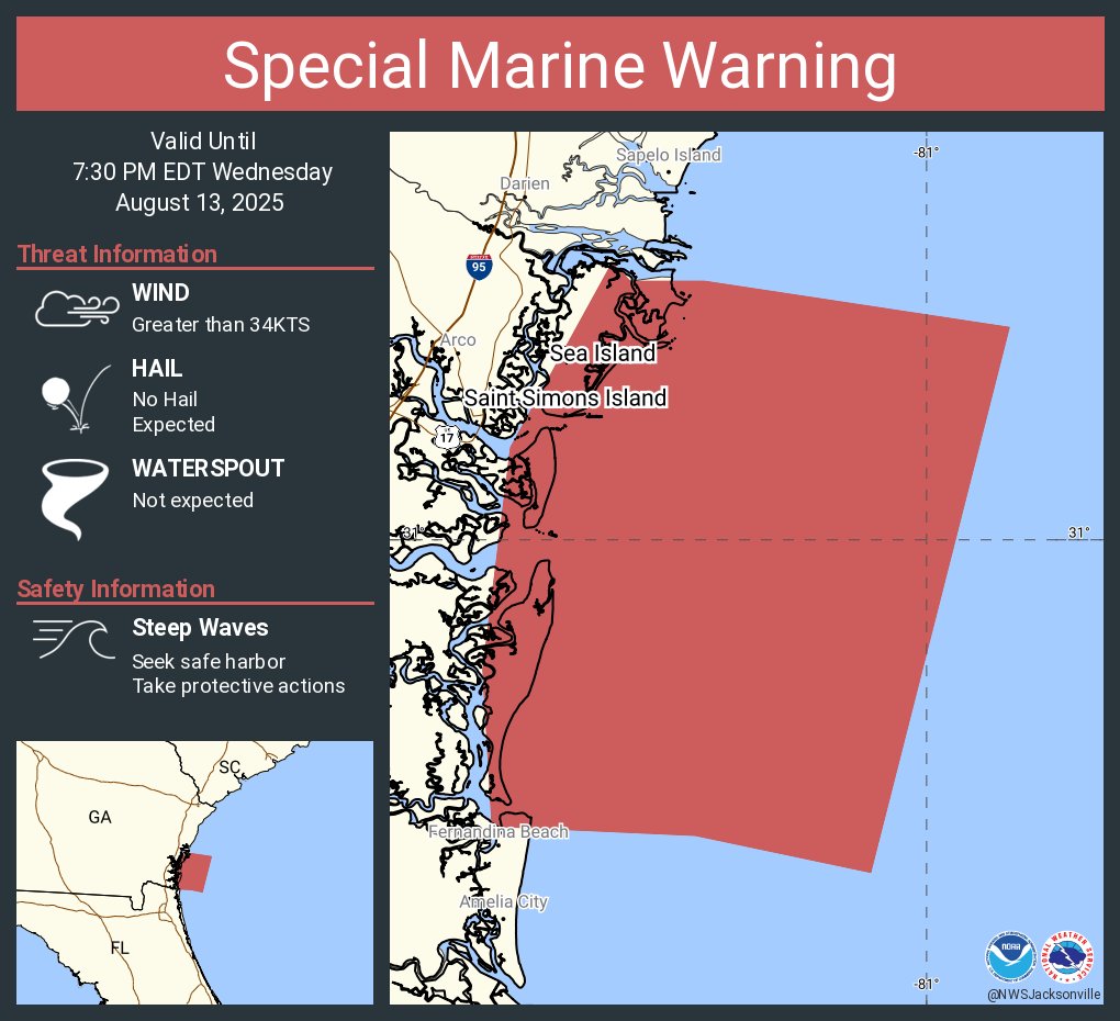 Special Marine Warning including the Waters from Altamaha Sound GA to Fernandina Beach FL from 20 to 60 NM and Coastal waters from Altamaha Sound to Fernandina Beach FL out 20 NM until 7:30 PM EDT