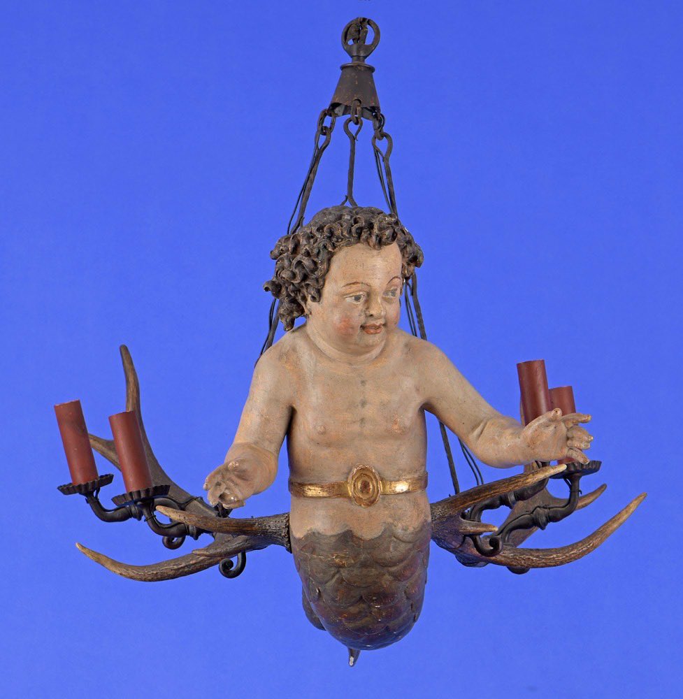 vaybtv's tweet photo. Lüsterweibchen (anthropomorphic chandelier) in the manner of David Zürn; German, first half of the 17th century AD; carved and polychromed wood with antler mounts; later electrified; H 72 cm × W 56 cm × D 65 cm; Collection &amp; Credit: Düsseldorfer Auktionshaus.⁣
⁣ https://t.co/2Nfn8gytVm