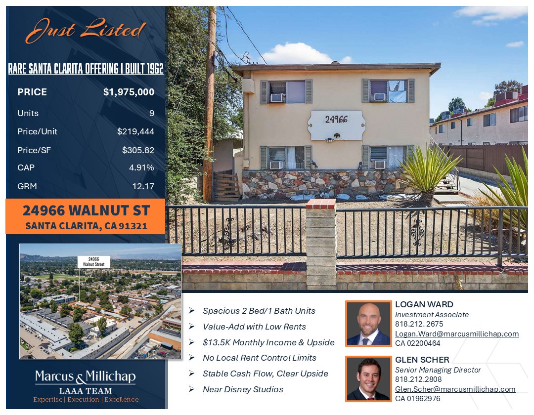 ***JUST LISTED***

9 Spacious Units – All 2 bed / 1 bath

Value-Add Opportunity With Below-Market Rents

Non-Rent Controlled Santa Clarita Location

mailchi.mp/laaa.com/just-…

#LAAA #MarcusMillichap #Multifamily #RealEstate #CRE