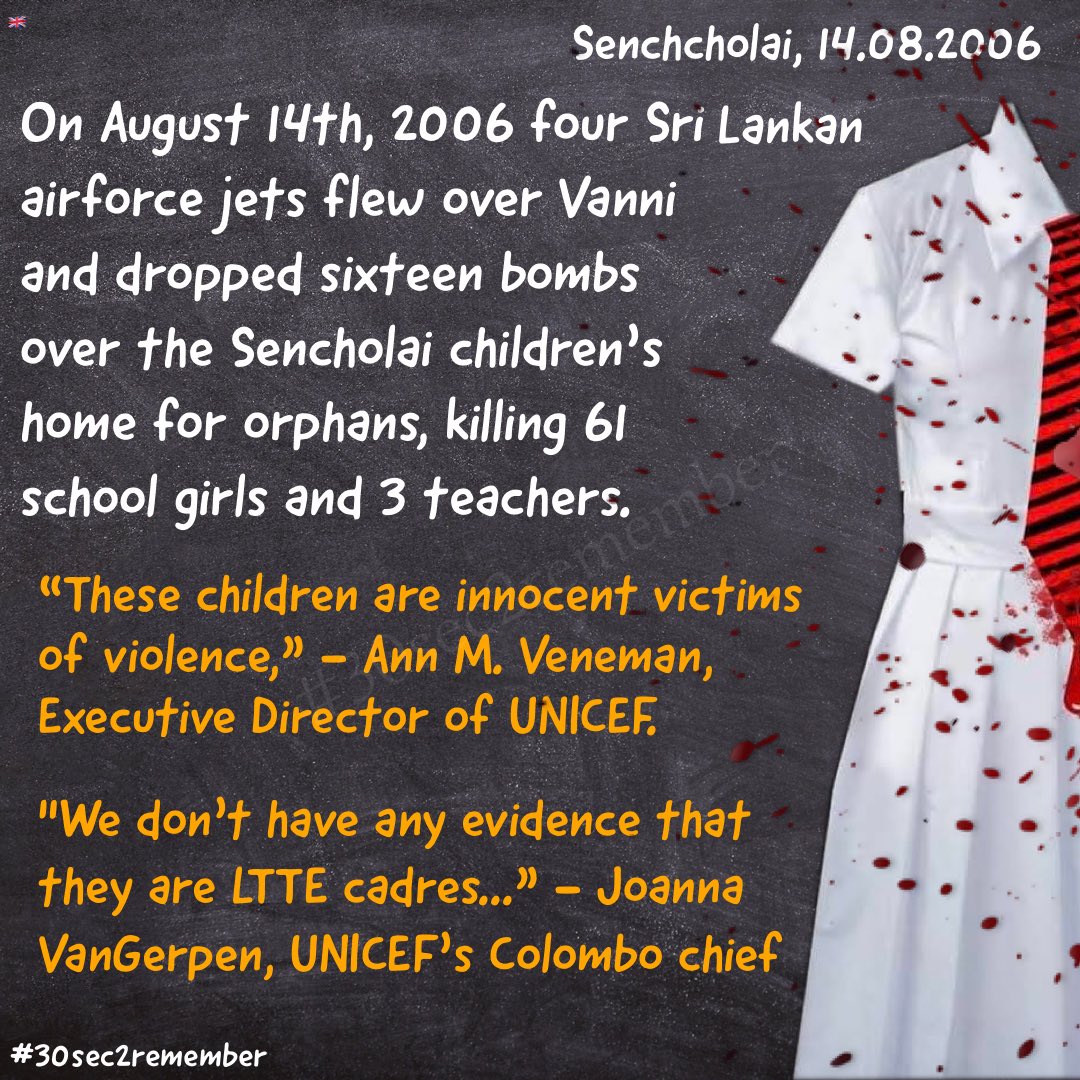 30sec2remember's tweet photo. 14.08.2006
🟥 #SenchcholaiMassacre
Four #Srilankan #airforce jets flew over #Vanni and dropped sixteen #bombs over the #Senchcholai #childrenshome for #orphans, killing 61 #schoolgirls and 3 #teachers.
#30sec2remember #EelamTamilGenocide #Genocide #WeRemember https://t.co/kercjGdNWN