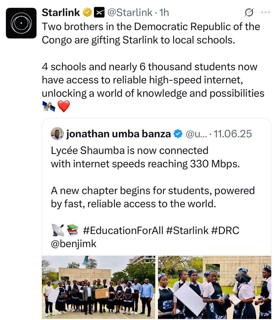 benjimk's tweet photo. Pendant ce temps, Starlink nous remercie pour le travail que nous faisons en aidant les écoles en RDC. Avec mon équipe nous sommes fiers bénévolement d’aider nos frères ❤️🇨🇩 https://t.co/T5cwrob7DM