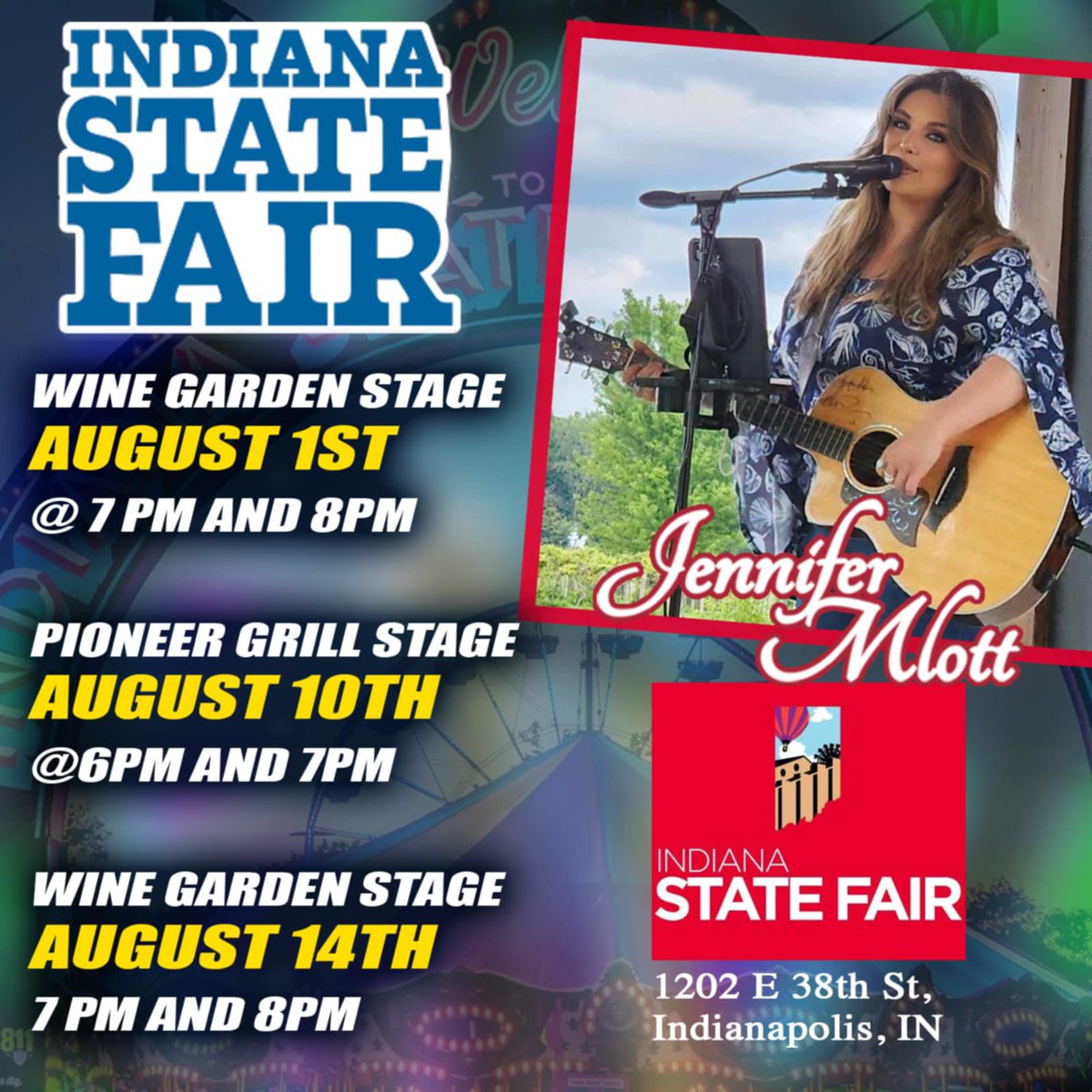 Tomorrow I’ll be doing my last performance at the Indiana State Fairgrounds &amp; Event Center of the year! Join us at the Wine Garden for two shows!! See you there !! #jennifermlottmusic
