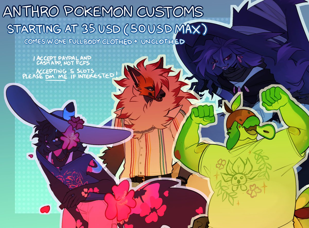 hi hi taking a few anthro pokecustoms :]

i accept c//asha//pp and p//ayp//al, not fcfs, please DM ME if interested in a slot! rts appreciated!