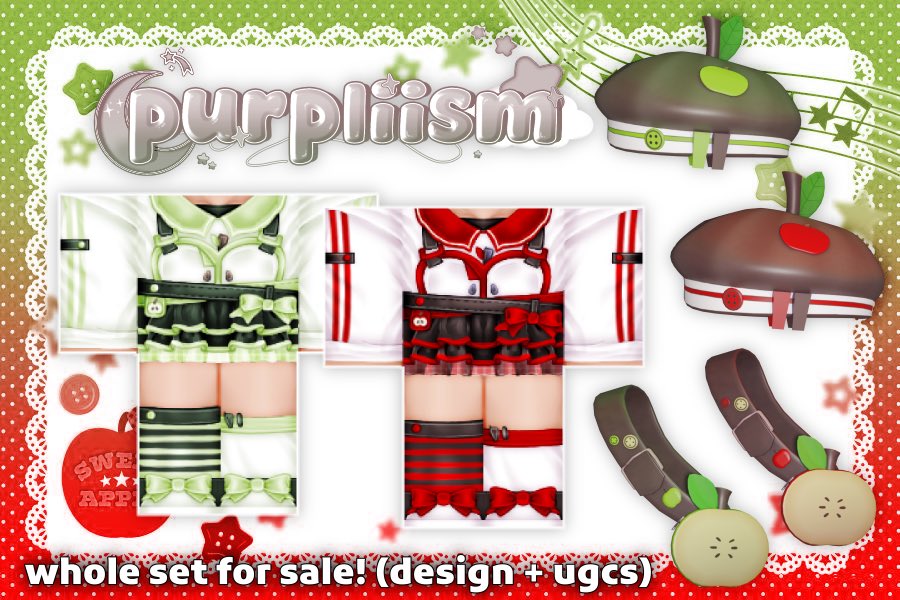 purpliism's tweet image. 🍎🍏design + ugc collab with my friend
WHOLE SET FOR SALE (with commercial use)
dm me offers on discord @purpliism 
#roblox #robloxdesign #robloxdesigner #robloxclothes #robloxclothing #robloxdev #rtcdesigners #robloxshowcase #robloxugc