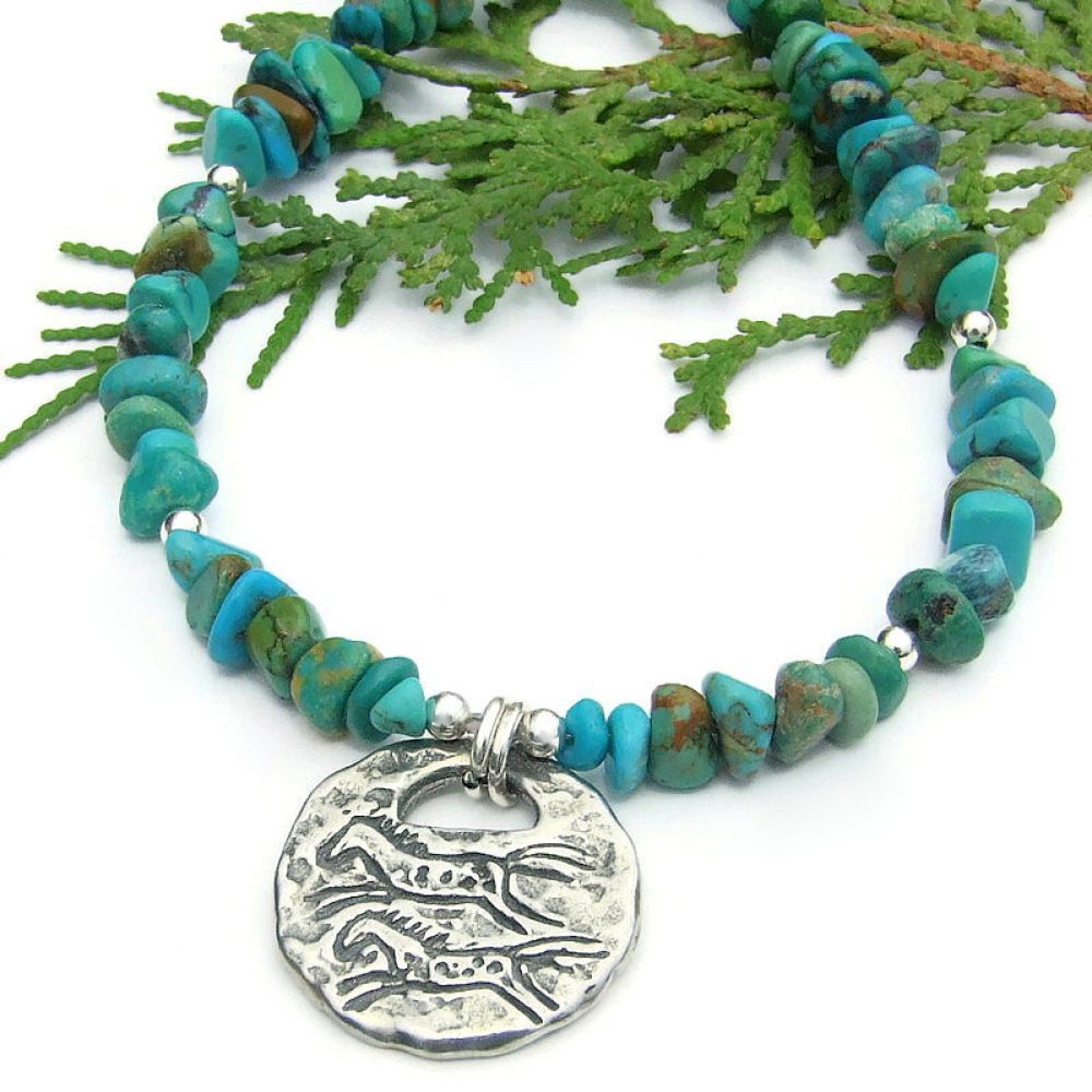 2-sided running horses &amp; sun petroglyph pendant #necklace w/ genuine turquoise nuggets:  wonderful handmade jewelry gift for the horse lover! bit.ly/RunningWildSD via <a href="/ShadowDogDesign/">Catherine</a> #EJwtt #HorseLover #HorseNecklace