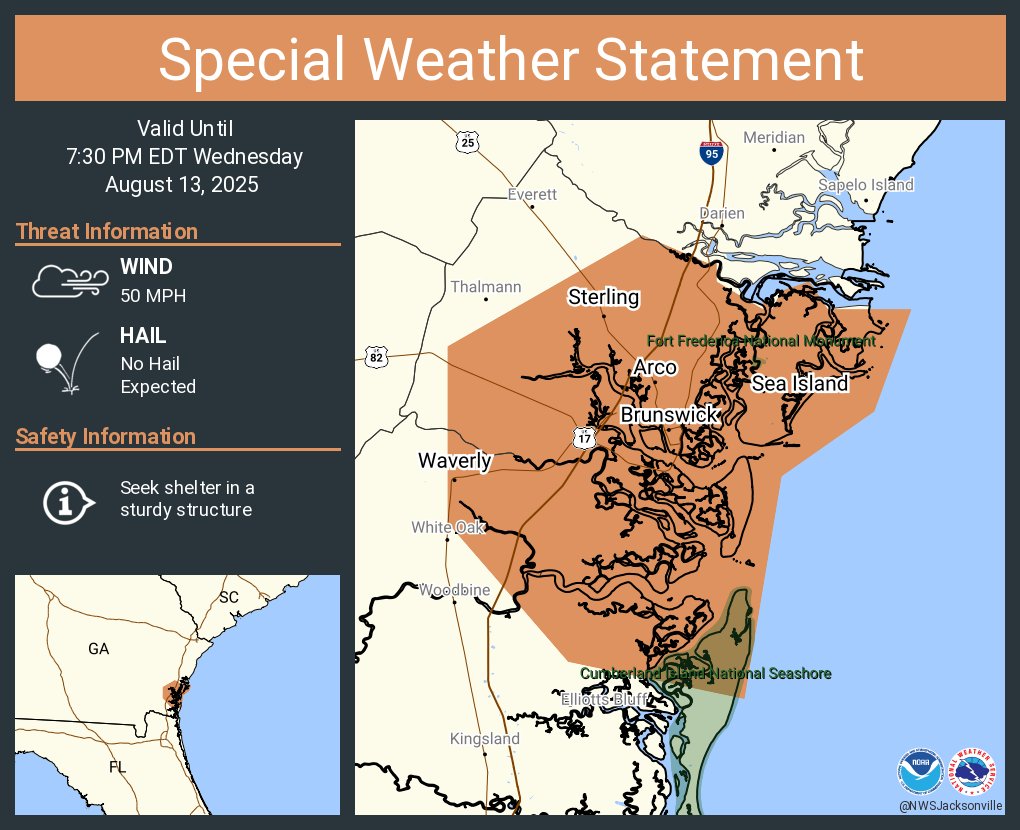 A special weather statement has been issued for Brunswick GA, Saint Simons Island GA and  Arco GA until 7:30 PM EDT