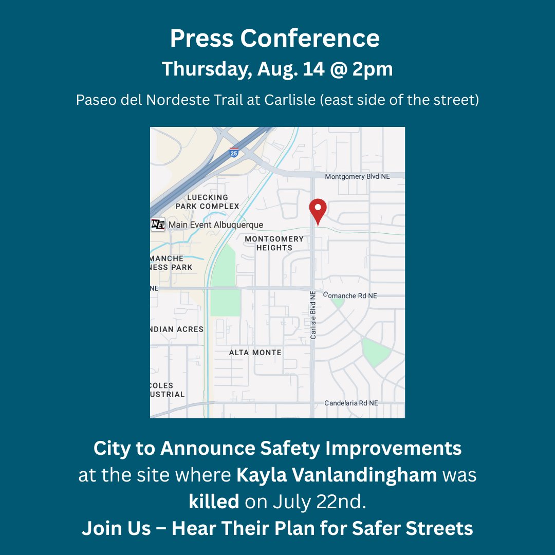 City to announce safety improvements at a poress confenrece TOMORROW at the site where Kayla Vanlandingham was killed last month.

📍 Paseo del Nordeste Trail at Carlisle (east side)
🗓 Thu, Aug 14 • 2 PM

Join us to hear their plan.
