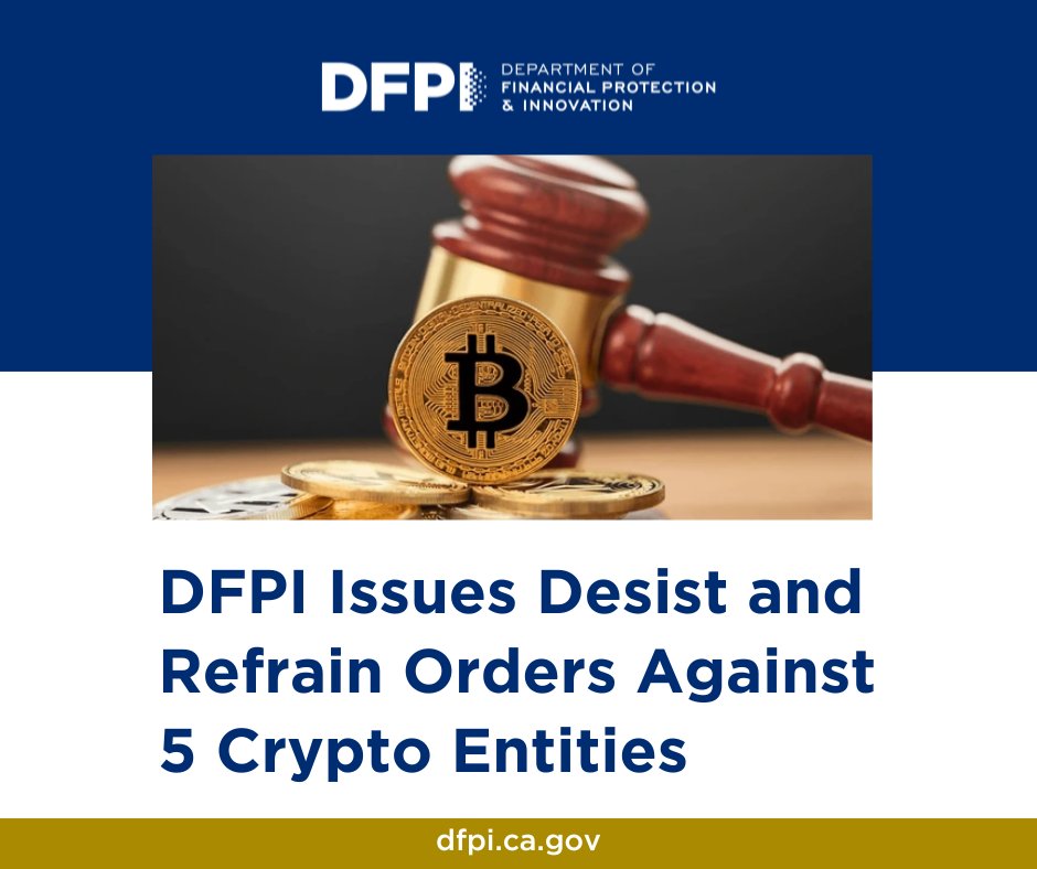 CA Department of Financial Protection & Innovation (@californiadfpi) on Twitter photo We’ve issued desist and refrain orders against five entities: Fintoch, Shao Bank, Beonbit, Optimus VIP, and Crypto Wealth Coach (CWC)/<a href="/SethMani402/">Seth Maniscalco</a> for engaging in various crypto schemes.
If you’re a victim of a scam, submit a complaint with us: hubs.li/Q03CH6W_0. We’ve issued desist and refrain orders against five entities: Fintoch, Shao Bank, Beonbit, Optimus VIP, and Crypto Wealth Coach (CWC)/<a href="/SethMani402/">Seth Maniscalco</a> for engaging in various crypto schemes.
If you’re a victim of a scam, submit a complaint with us: hubs.li/Q03CH6W_0.