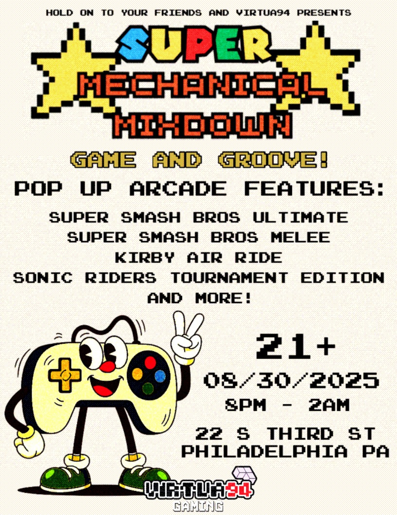 virtua94's tweet photo. Super Mechanical Mixdown - Saturday, August 30, 2025 - 21+ only! - Doors 7:30PM, Open Decks 8PM-10PM, DJs 10PM-2AM - Music, Gaming, Visuals, and more! from Virtua94 &amp; Hold On To Your Friends - Tickets available in replies👇 https://t.co/BMyFKH3mGo