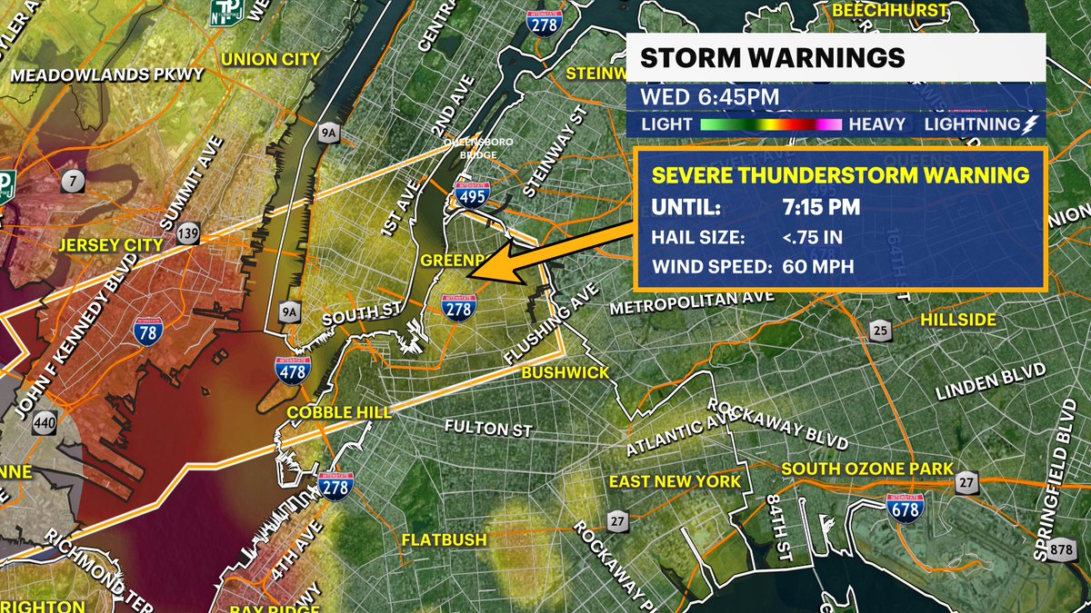 Severe thunderstorm warning for portions of Brooklyn until 7:15 pm-- Cobble Hill &amp; Greenpoint-- heads up! 

A strong thunderstorm is pushing through with strong gusts, frequent lightning, and small hail. Head inside and away from windows.