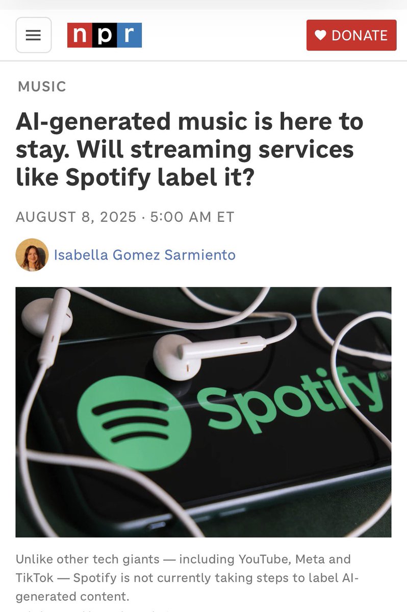 ezedelaparra's tweet photo. At least 18% of the music uploaded to streaming services each day is AI-generated. You’ve probably listened to plenty of it without even realizing.
Major labels turned music so much into a product that it’s already the first form of art quietly replaced by AI, and most people haven’t even noticed.