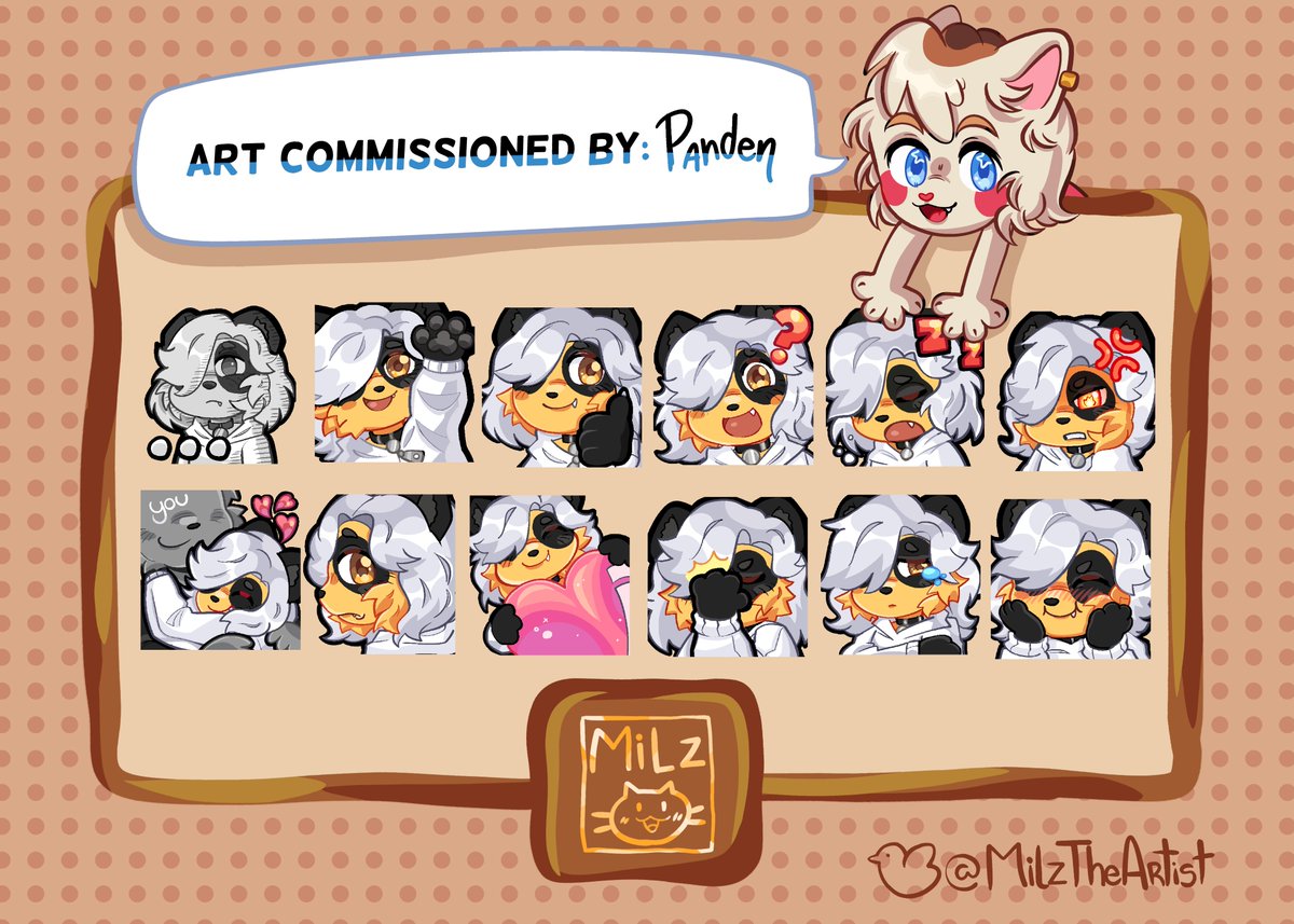 #Commission for <a href="/AiddenGd/">PandDen</a> !! Thank you so much!
This was so fun to make! Aidden asked for 10 emotes and got +2 surprise ones!
If you are looking for emotes please check my Vgen!
-&gt; vgen.co/Milziiiii