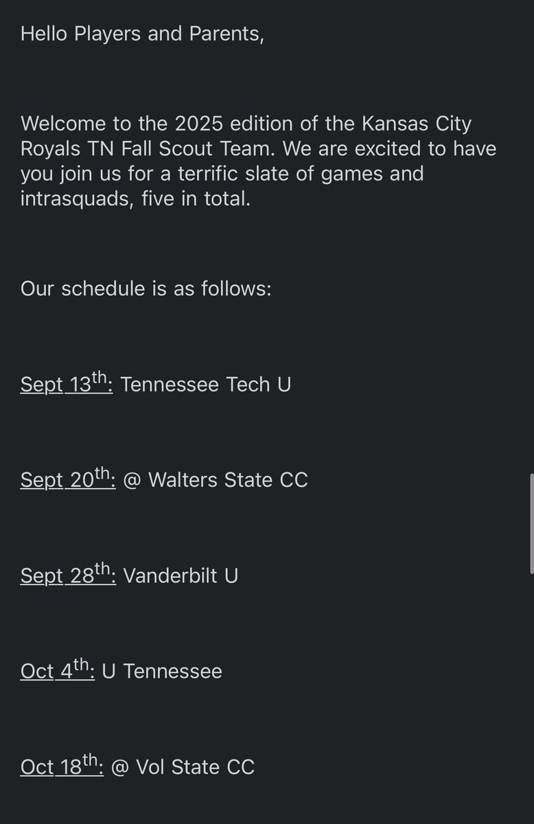 Excited to announce I'll be playing for Kansas City Royals TN Fall Scout Team <a href="/KCRoyalsfallTN/">KC Royals Fall Scout Team</a>  this fall. 
Blessed to have the opportunity to be coached by KC scouts and playing with Tennessee's top talent. 
Here is our schedule. 
<a href="/BUncommitted/">Baseball_Uncommitted</a>