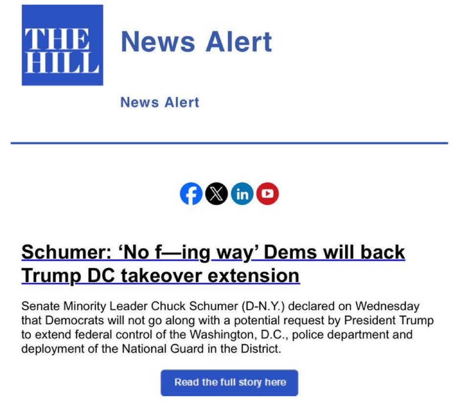 I’m pleased to see that #Democratic Leader <a href="/SenSchumer/">Chuck Schumer</a> will block any attempt to legislatively extend the #TrumpTakeover of the <a href="/DCPoliceDept/">DC Police Department</a>.   Thank you for having DC’s back!