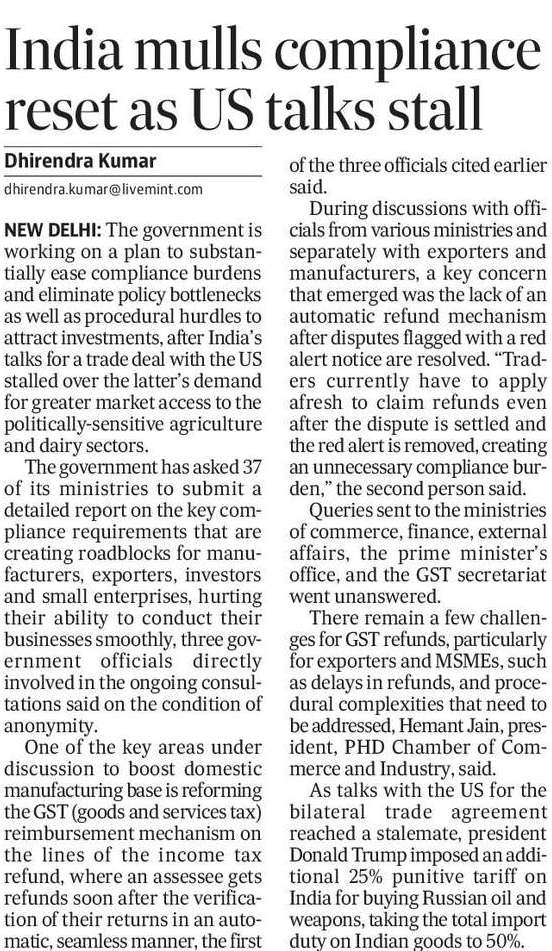 KaliKamlesh's tweet image. 📉 Trade talks stall, reform gears up.

After US demands stall agri-dairy deal, India asks 37 ministries to ID compliance bottlenecks. GST refunds, red alerts, MSME hurdles—on the table.

Ease of doing business isn’t a slogan—it’s a strategy. #TradeReform #ComplianceReset