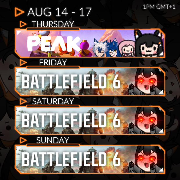 Allooooo Bonklets, Week 2 of Battlefield 6 Beta is here!, here's the schedule for Aug 14 - 17th!

🔸PEAK with the besties + more!
🔸Battlefield 6 Open Beta
🔸Battlefield 6 Open Beta
🔸Battlefield 6 Open Beta / Open

Take careeee Bonklets!