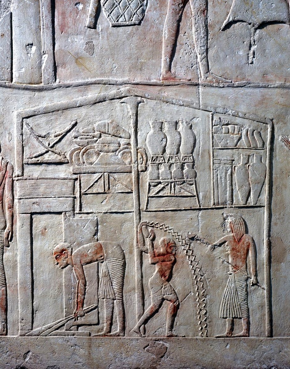 Food and drink warehouse scene, as depicted within the Memphis tomb of Horemheb

New Kingdom, 18th Dynasty, reign of Ay, c. 1323–1319 B.C. or 1327–1323 B.C.

Memphite Tomb of Horemheb, Saqqara

▫️The Memphite Tomb of Horemheb is found in the Saqqara necropolis near Memphis,
