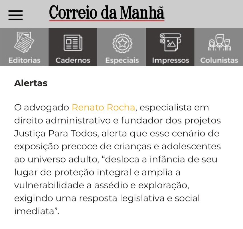 RenatoRochaDF's tweet photo. As redes sociais se tornaram palco de um problema silencioso e crescente, que ameaça o direito de crianças e adolescentes a uma infância plena e segura. Na minha entrevista ao Correio da Manhã, abordei como a legislação precisa evoluir para enfrentar as novas formas de exploração que surgem no ambiente digital e como famílias e plataformas têm responsabilidade nesse cenário.
A discussão está aberta e precisa da participação de todos.
Leia a matéria completa no link:
https://t.co/IBh063dib0
@correiodamanha1