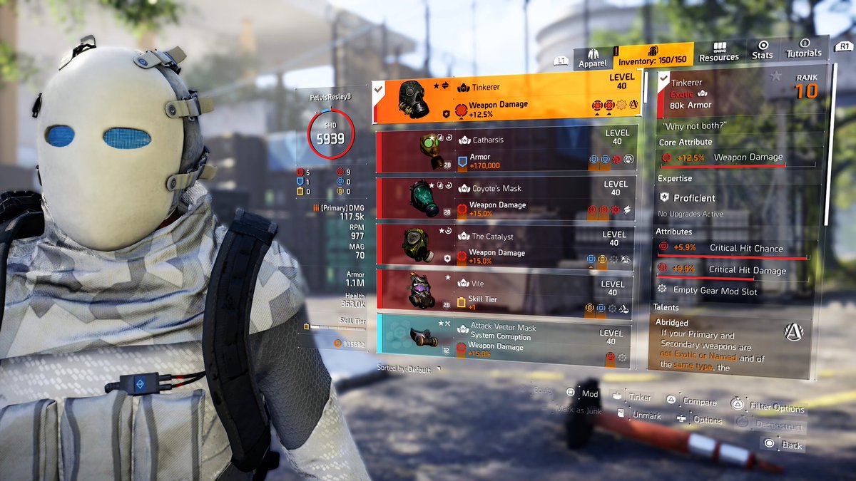 Leakyyyyyyyyyy's tweet photo. 💀 Drip acquired.
🎭 Tinkerer mask unlocked.
+12.5% Weapon Damage, +Crits = +Ego.

📺 https://t.co/KKFU6tkpKg

#TheDivision2 #LootDrop #MaskHunt #Tinkerer https://t.co/aIRo1Rjq2l