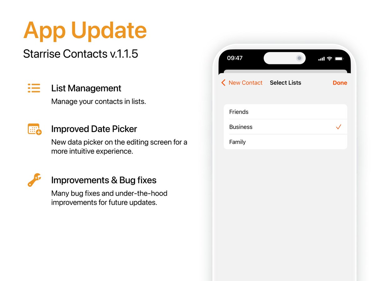 StarriseApps's tweet photo. 🚀 V.1.1.5 is live!  

- List management
- Improved date picker
- Bug fixes &amp; improvements

📲 Update now! #iPhone #iOS #ContactsApp #Contacts #PersonalCRM https://t.co/GXPjfTBq01