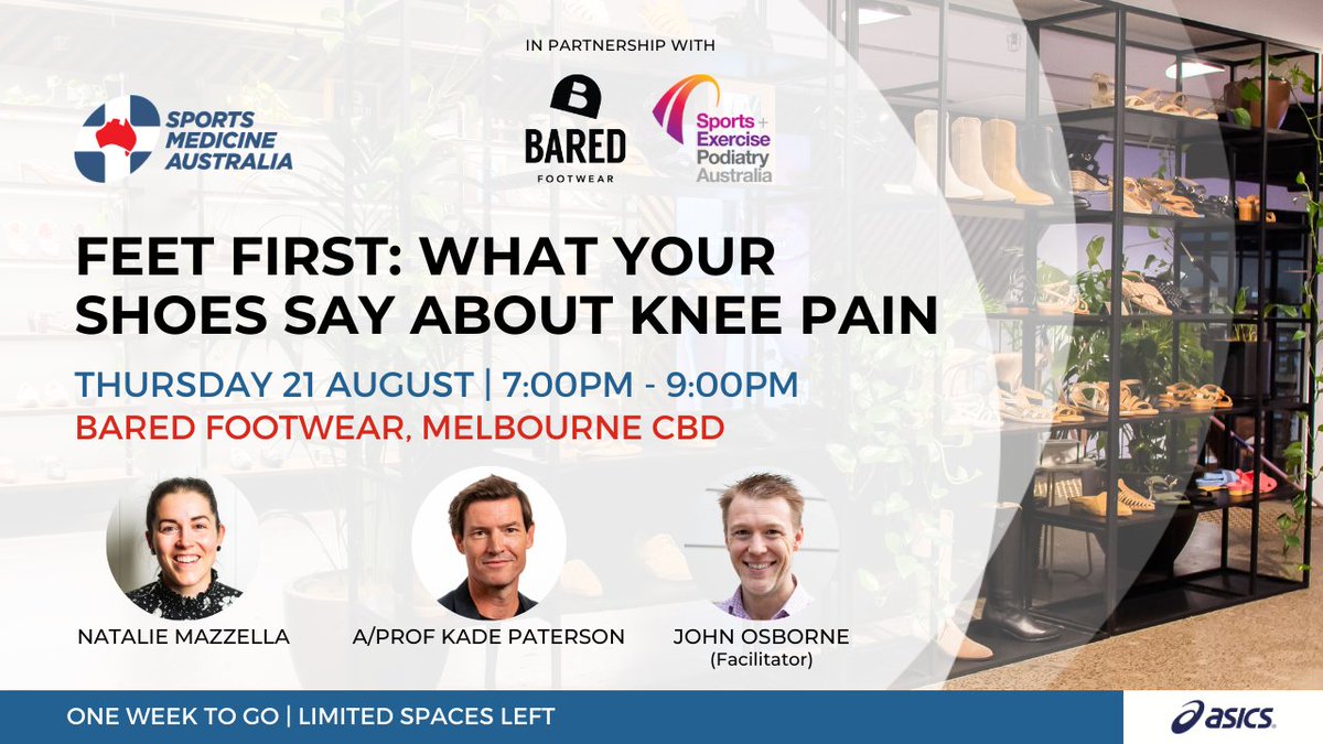 Join SMA, <a href="/Baredfootwear/">Bared Footwear</a> &amp; <a href="/SEPA_National/">SEPA</a> next week in Melbourne for an evening on the impact of footwear on knee pain &amp; lower limb injuries. Hear insights from Natalie Mazzella &amp; A/Prof Kade Paterson, enjoy refreshments, and go in the draw to win shoes.
🔗zurl.co/mvdwN