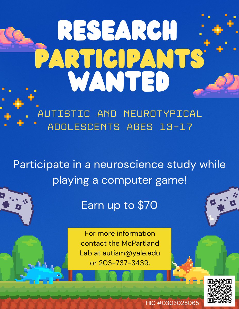 Yale Child Study Center (@yalecsc) on Twitter photo Participate in a neuroscience study while playing a computer game! Open to Austistic and Neurotypical Adolescents ages 13-17. Earn up to $70. Learn more by contacting autism@yale.edu or call 203-737-3439. Participate in a neuroscience study while playing a computer game! Open to Austistic and Neurotypical Adolescents ages 13-17. Earn up to $70. Learn more by contacting autism@yale.edu or call 203-737-3439.