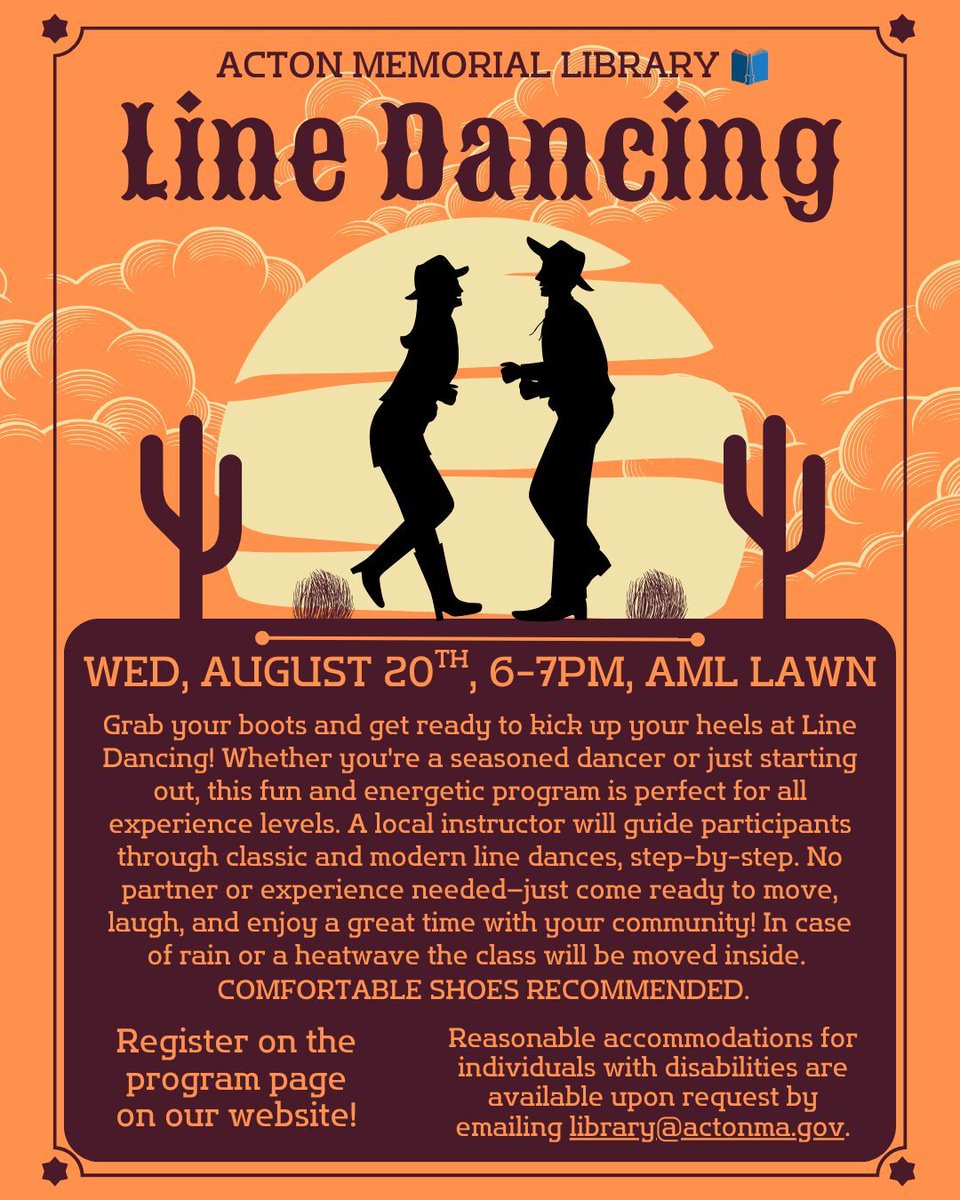 Join us next Wednesday for Line Dancing from 6-7pm at Acton Memorial Library! 
Comfortable shoes recommended. Register on the program page on our website! See bio for accessibility info.
