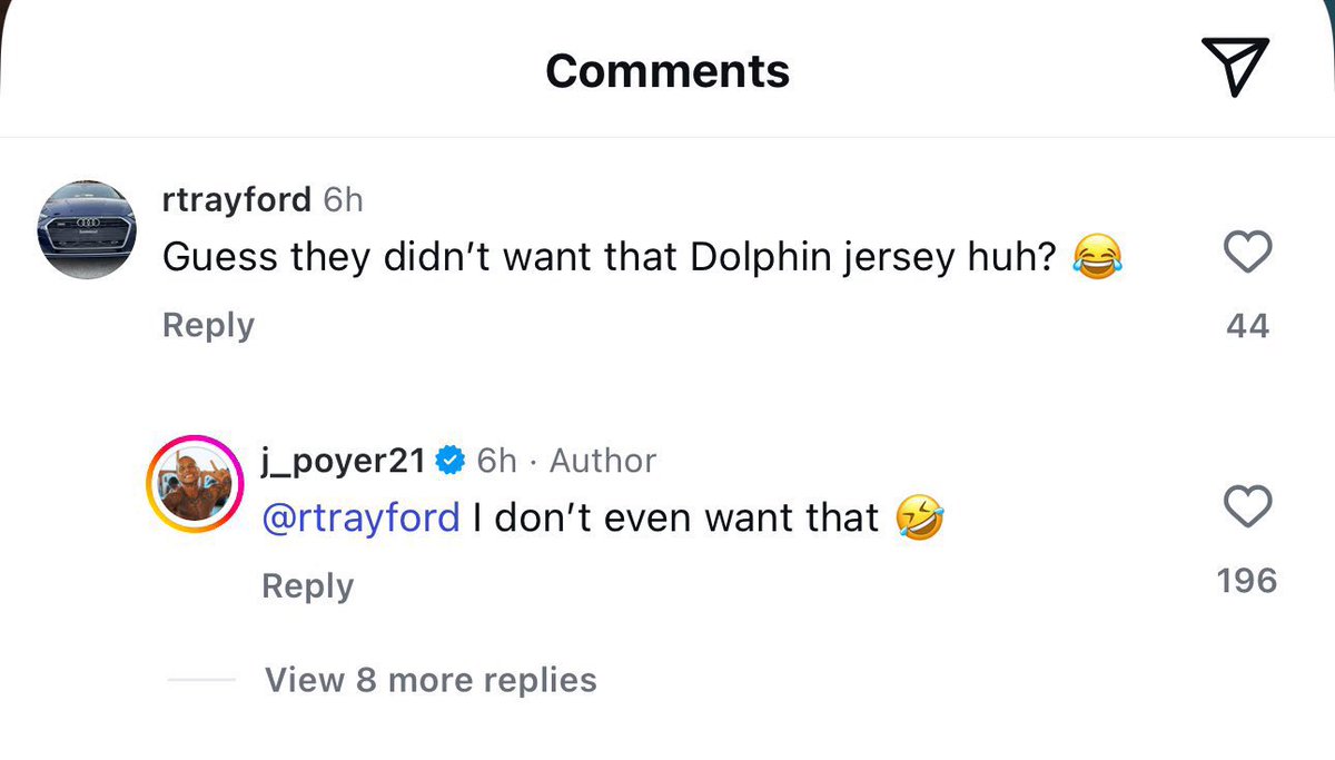 Jordan Poyer gave a fan his jersey, but it was a Bills jersey.

A Dolphins fan commented asking why he didn’t want a Dolphins Poyer jersey. Poyers response, 

“I don’t even want that” 😂
#BillsMafia #NFL