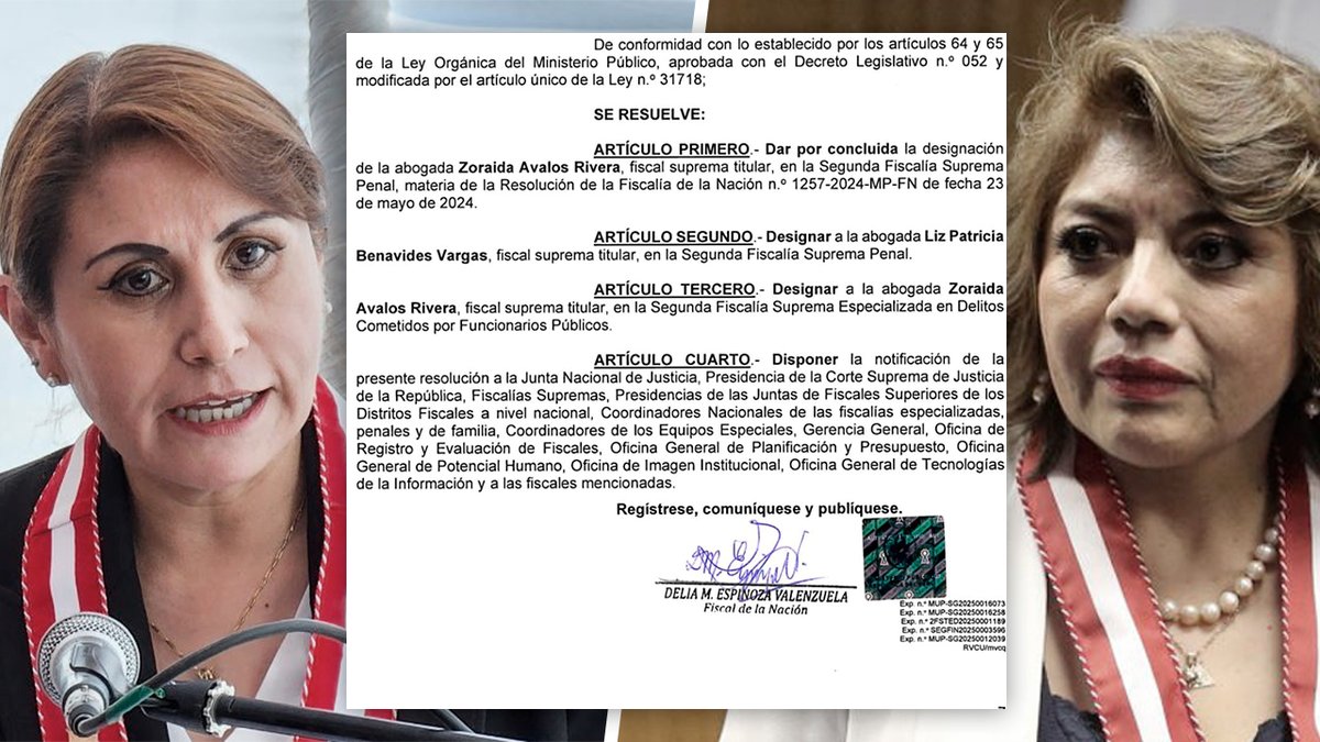 LO ÚLTIMO. 
FIN DEL MISTERIO. Enroque de Fiscales Supremas. 
Delia Espinoza finalmente designó a Patricia Benavides, alias "Vane", como titular de la Segunda Fiscalía Penal que hasta hoy estaba a cargo de la fiscal suprema Zoraida Avalos. A ella la envía a la Segunda Fiscalía