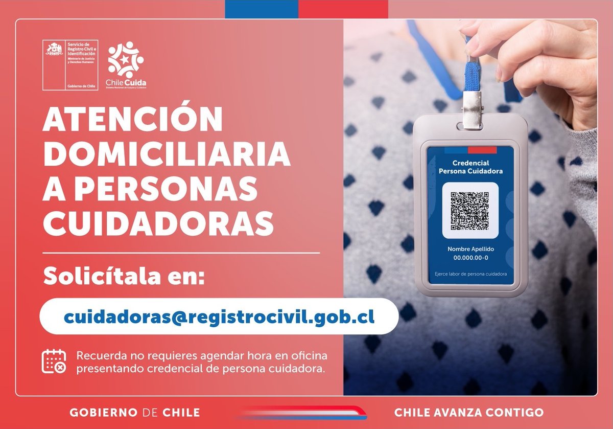 ¿Lo sabías? Contamos con atención domiciliaria para personas cuidadoras. 

✅Escríbenos a cuidadoras@registrocivil.gob.cl  🙂Considera que las cuidadoras en nuestras oficinas no requieren agendar hora para ser atendidas, solo deben presentar la credencial #ChileCuida