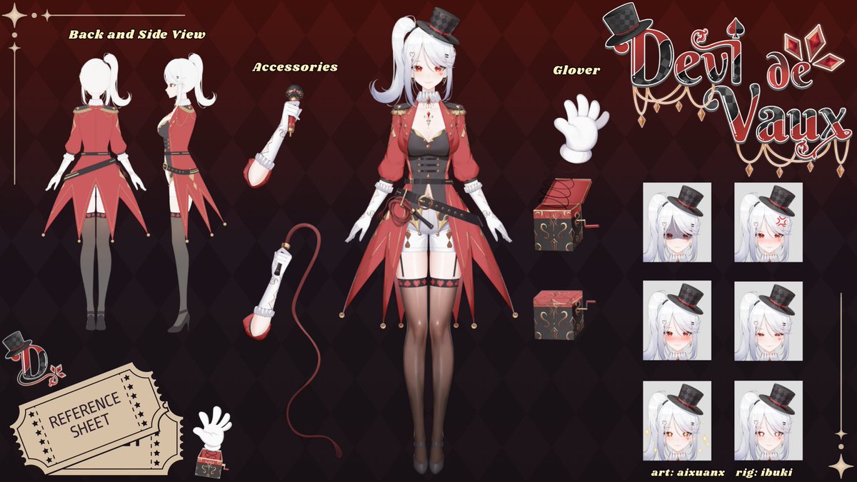Devi de Vaux 🎪🎟️ | CIESTE (@devidevaux) on Twitter photo Come ONE come ALL! 📢 I’m Devi de Vaux, <a href="/CiesteVT/">Cieste Entertainment</a> Mischievous Ringmaster. Feast your eyes upon my official reference sheet! Grab a ticket, as the show may begin. 🎪🎟️
GENERAL: #DevideVaux
LIVE: #DevideLive
FANART: #DevideArt
MEMES: #DevideMeme Come ONE come ALL! 📢 I’m Devi de Vaux, <a href="/CiesteVT/">Cieste Entertainment</a> Mischievous Ringmaster. Feast your eyes upon my official reference sheet! Grab a ticket, as the show may begin. 🎪🎟️
GENERAL: #DevideVaux
LIVE: #DevideLive
FANART: #DevideArt
MEMES: #DevideMeme