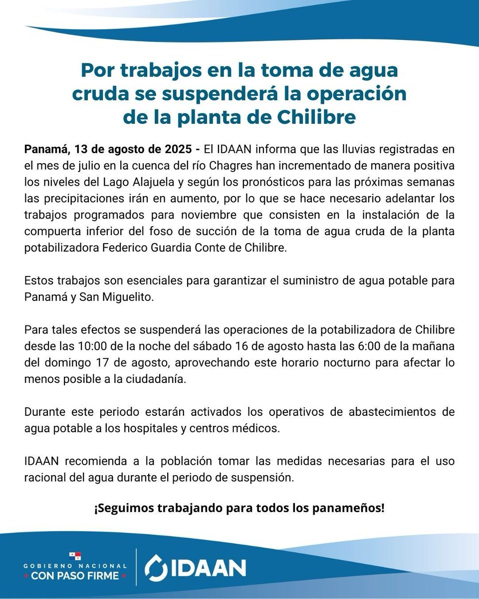 IDAANinforma's tweet photo. ⏩️Realizaremos trabajos en la toma de agua cruda de la potabilizadora de Chilibre desde las 10:00 de la noche del sábado 16 de agosto hasta las 6:00 de la mañana del domingo 17 de  agosto👷‍♂️

⏩️Se activará el operativo de abastecimiento para hospitales👇 https://t.co/XsTRJQ2FWD