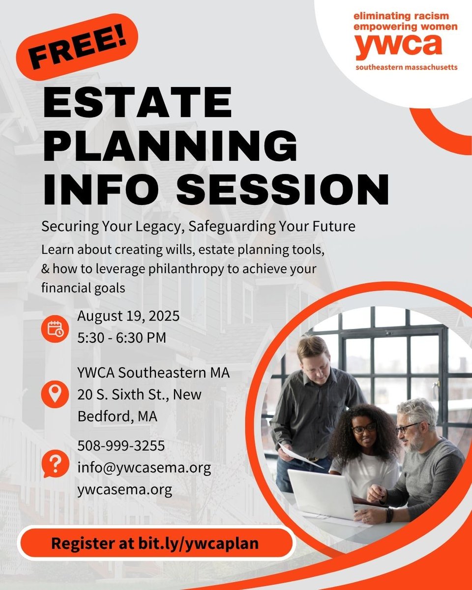 Join us next Tuesday for a FREE Estate Planning Session at 5:30 at the YWCA Office to learn about creating wills, estate planning tools, and how to leverage philanthropy to achieve your financial goals! 

Register to save your spot at bit.ly/ywcaplan
