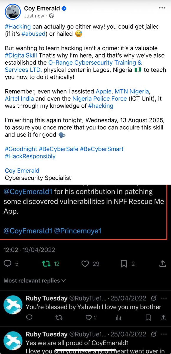 Coy Emerald (Yunus) π³π¬πΊπ¦ (@coyemerald1) on Twitter photo #Hacking can actually go either way! you could get #jailed (if itβs abused) or hailed π
<a href="/CoyEmerald1/">Coy Emerald (Yunus) π³π¬πΊπ¦</a>
Cybersecurity Specialist #Hacking can actually go either way! you could get #jailed (if itβs abused) or hailed π
<a href="/CoyEmerald1/">Coy Emerald (Yunus) π³π¬πΊπ¦</a>
Cybersecurity Specialist