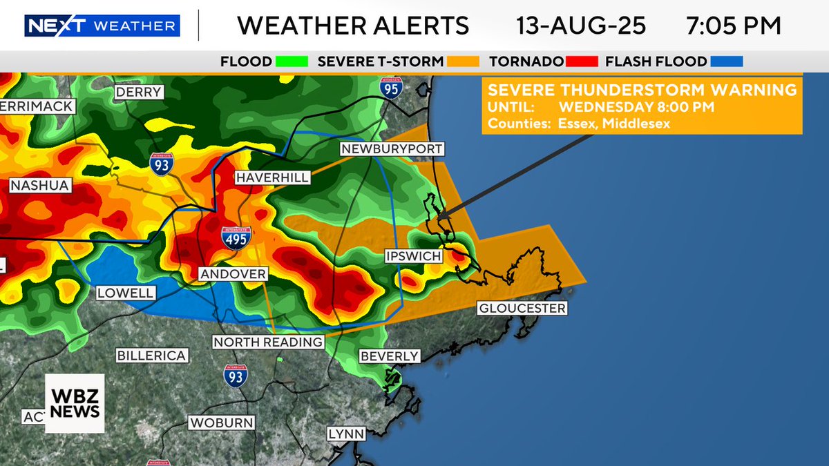⚠️ Severe Thunderstorm Warning for Essex, Middlesex County until Aug 13 8:00PM. 

Frequent lightning, hail, and strong wind are possible in these storms.