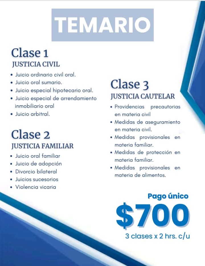 📣 CURSO: PROCESOS CIVILES Y FAMILIARES
🔍 Conforme al Código Nacional de Procedimientos Civiles y Famliares (CNPCyF)
🎓 Impartido por el Dr. Erick Mena Moreno
📅 25 y 27 de agosto, 1 de septiembre 7 a 9pm | 6 hrs en total
💻 Modalidad: En línea con grabación incluida
👩‍⚖️ ¿A quién