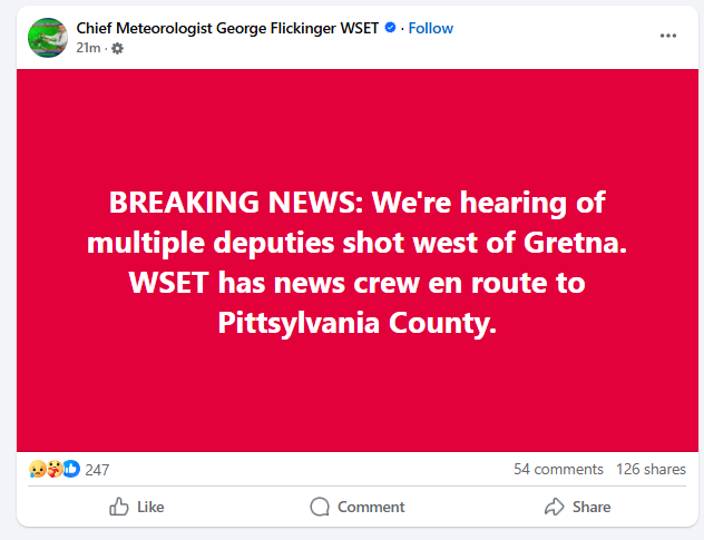 AZ_Intel_'s tweet photo. BREAKING: Multiple deputies shot west of Gretna in Pittsylvania County, Virginia. - WSET/Scanner Radio https://t.co/5ZTloCjFJ9