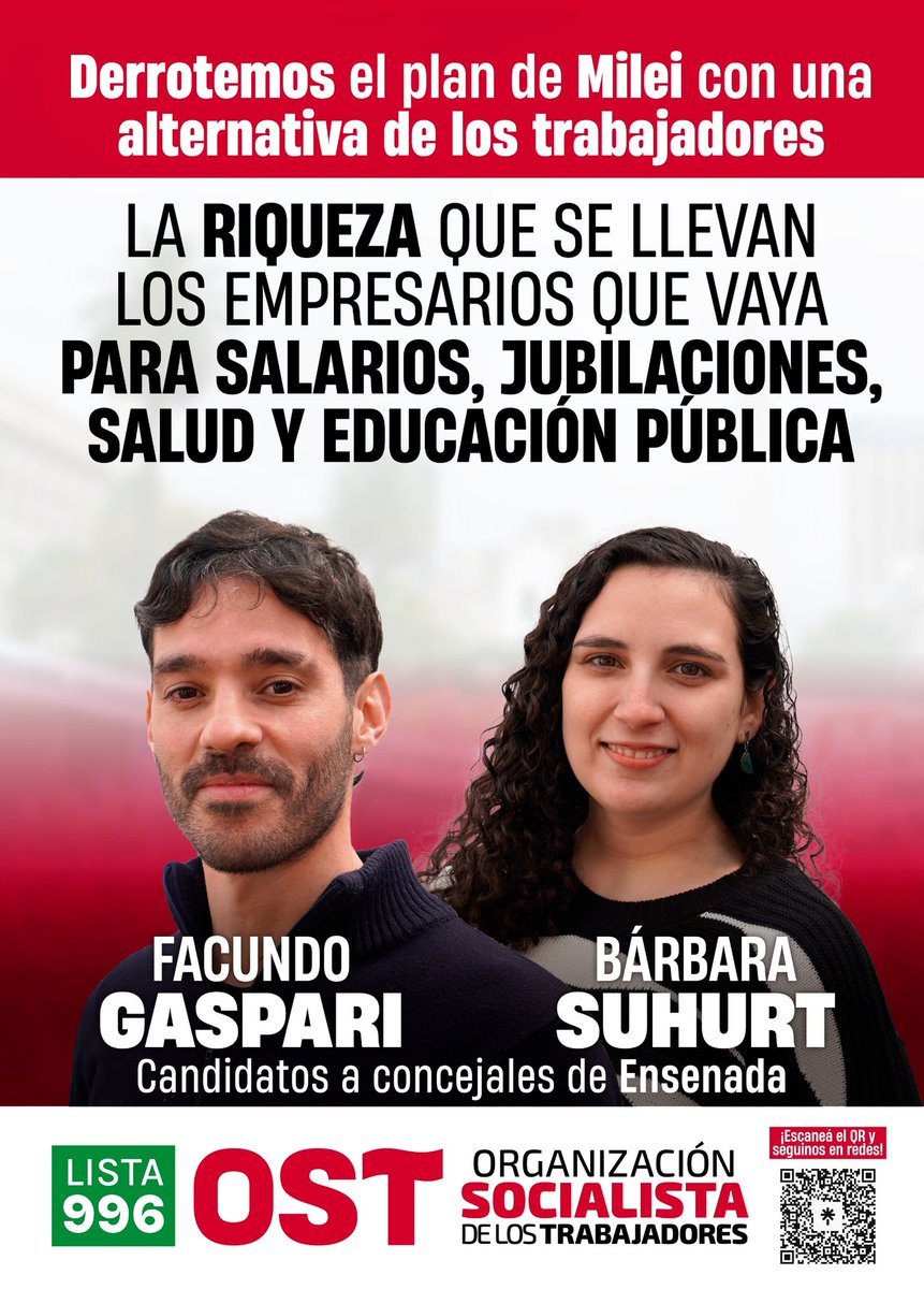 facu_gaspari's tweet photo. Este 7 de septiembre la Organización Socialista de los Trabajadores se presenta por primera vez en Ensenada. Con una campaña socialista, proponemos que la riqueza de los empresarios vaya para salarios, jubilaciones, salud y educación pública.
#ensenada #eleccionesprovinciales2025 https://t.co/SSY6RaokwC