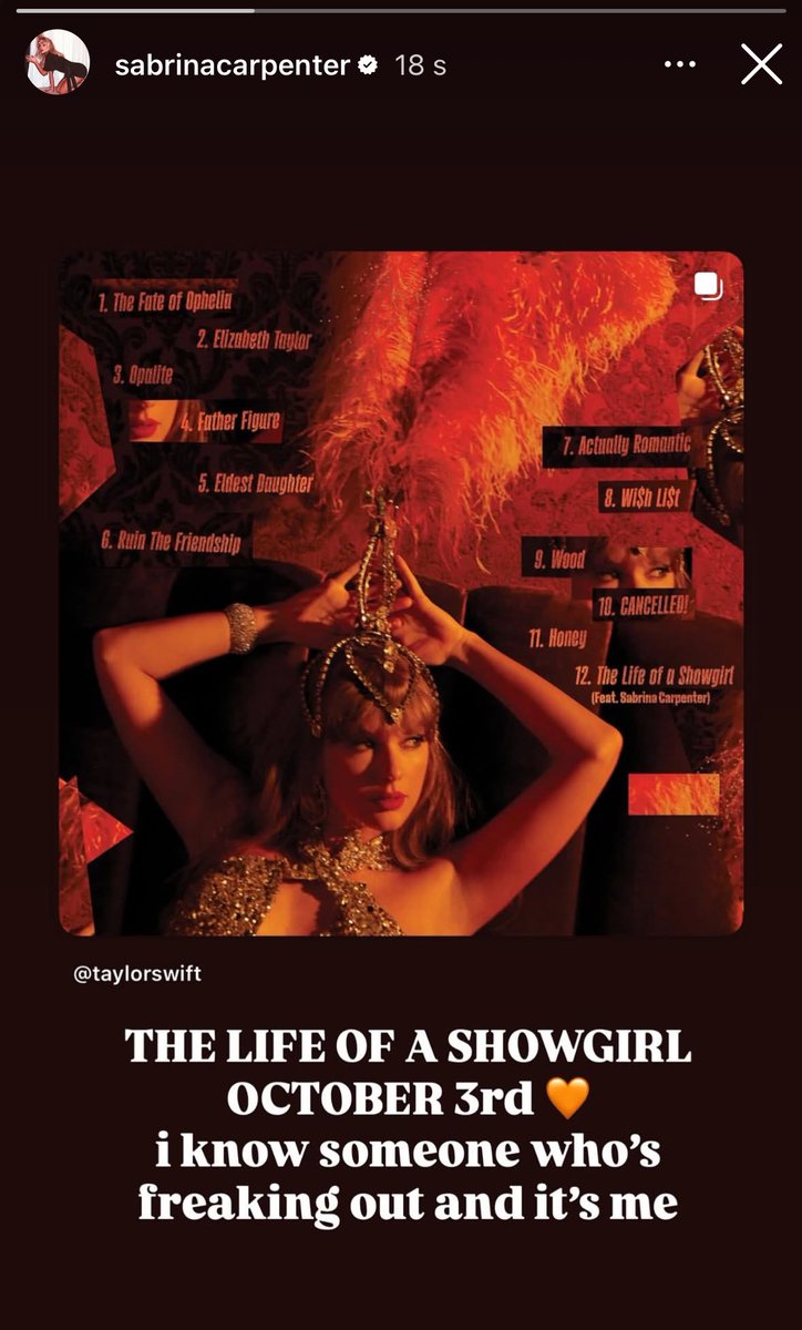 scarpenterbr's tweet image. “The Life of a Showgirl, 3 de outubro 🧡 eu conheço uma pessoa que está surtando e ela sou eu”

Sabrina Carpenter | Instagram Stories