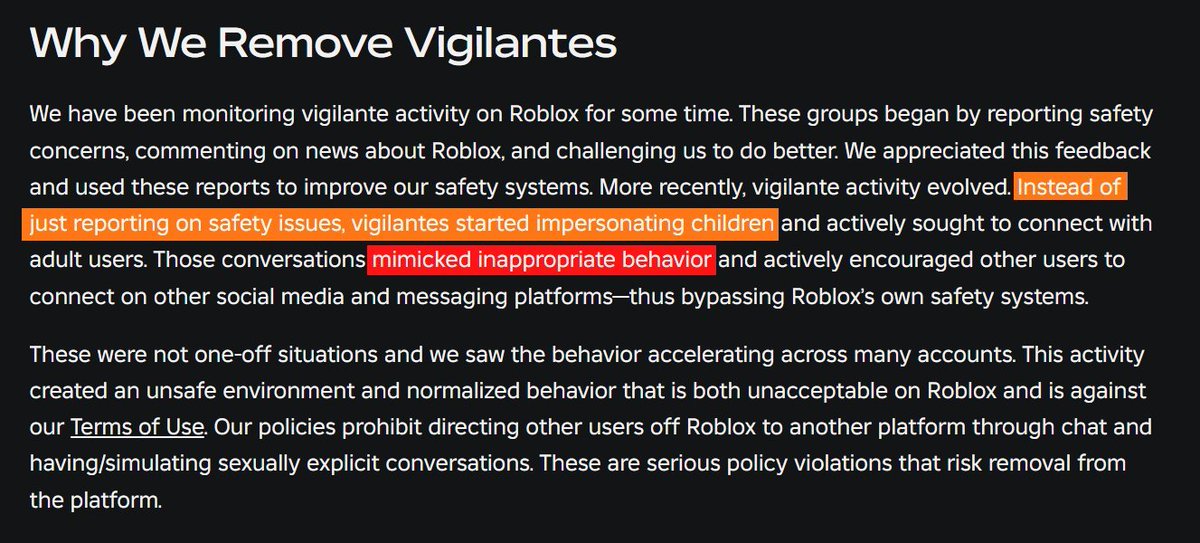 Roblox CSO Matt Kaufman's latest response to the situation implies that because our decoys aren't real children, the predators that try to meet up with them aren't safety issues. "Instead of just reporting on safety issues..." They reinforce this by describing our catches as