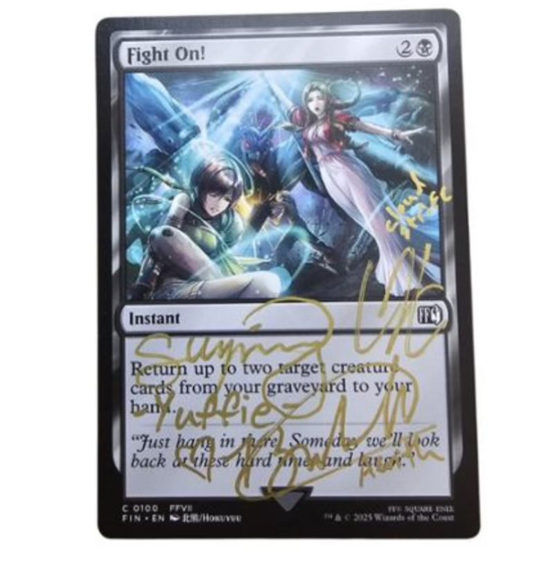 You can get this MTG card signed by the FF7R cast and more through Gathering for Good, an auction and prize draw raising funds to protect and educate children affected by war. Follow <a href="/WarChildUK/">War Child UK</a> for more info!

Link: bit.ly/4fdNQ1C