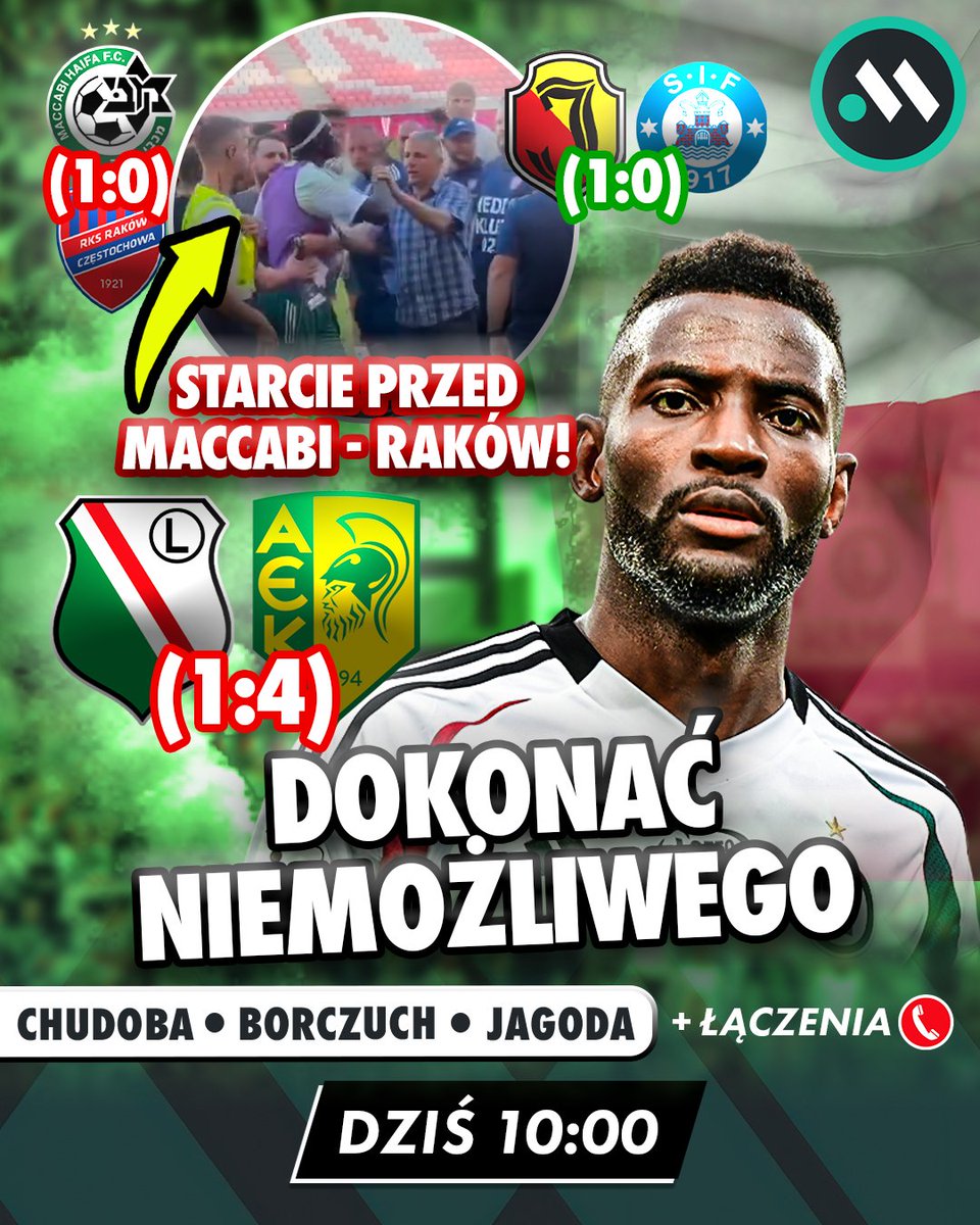 Meczykipl's tweet image. Czas zacząć poranek wraz z Meczykami 💫

💥 Legia przed misją dokonania niemożliwego
💥 Raków bez Brunesa na rewanż z Maccabi Hajfą
💥 Jagiellonia gra o awans z Silkeborgiem

◾️ @PatrykChudoba, Wojciech Jagoda, @SzymonBorczuch 
📞 @markowski_dm, @kamilglebocki, @jerzykulakowski…