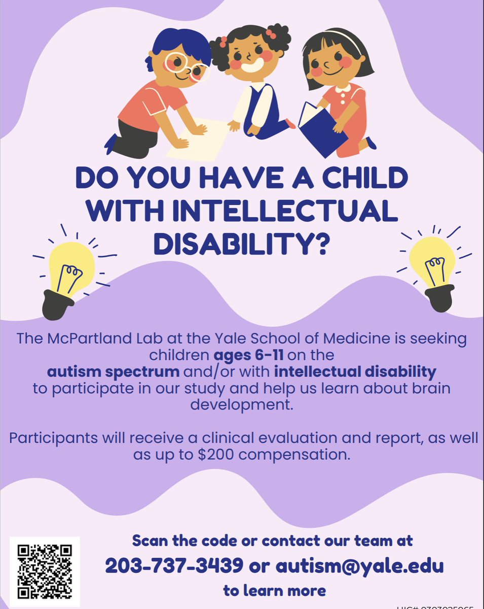 Yale Child Study Center (@yalecsc) on Twitter photo Yale’s McPartland Lab seeks children ages 6–11 with autism and/or intellectual disability for a brain development study. Receive a clinical evaluation, report & up to $200. Contact autism@yale.edu or call 203-737-3439. Yale’s McPartland Lab seeks children ages 6–11 with autism and/or intellectual disability for a brain development study. Receive a clinical evaluation, report & up to $200. Contact autism@yale.edu or call 203-737-3439.