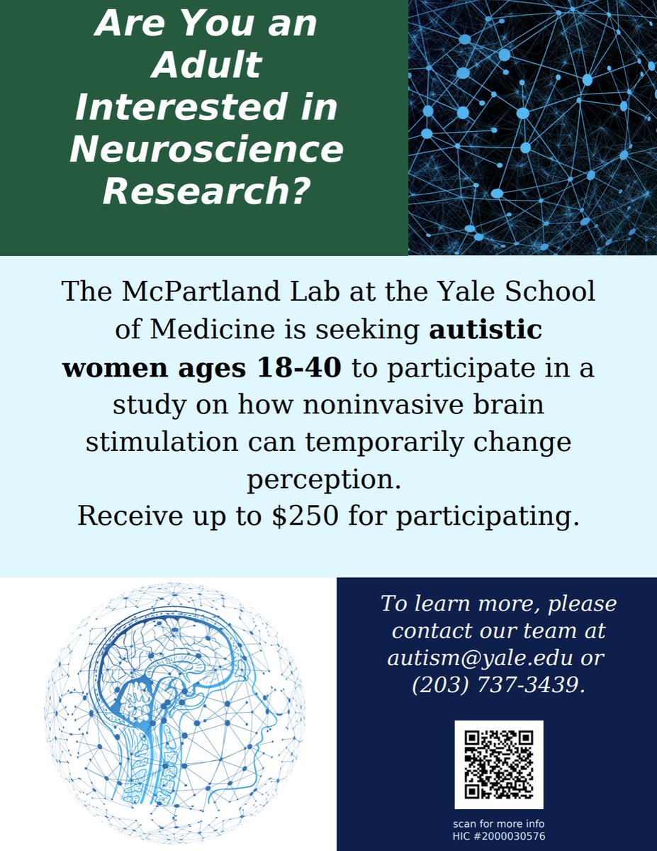 Yale Child Study Center (@yalecsc) on Twitter photo Autistic women ages 18–40: Join a Yale McPartland Lab study on how noninvasive brain stimulation may temporarily change perception. Earn up to $250. Contact autism@yale.edu or call 203-737-3439. Autistic women ages 18–40: Join a Yale McPartland Lab study on how noninvasive brain stimulation may temporarily change perception. Earn up to $250. Contact autism@yale.edu or call 203-737-3439.