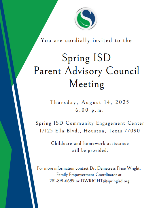 NCESNavigators's tweet photo. Please join Spring ISD for our Parent Advisory Council Meeting. We hope to see everyone there! #SISD @SpringISD https://t.co/cdL0A3VplN