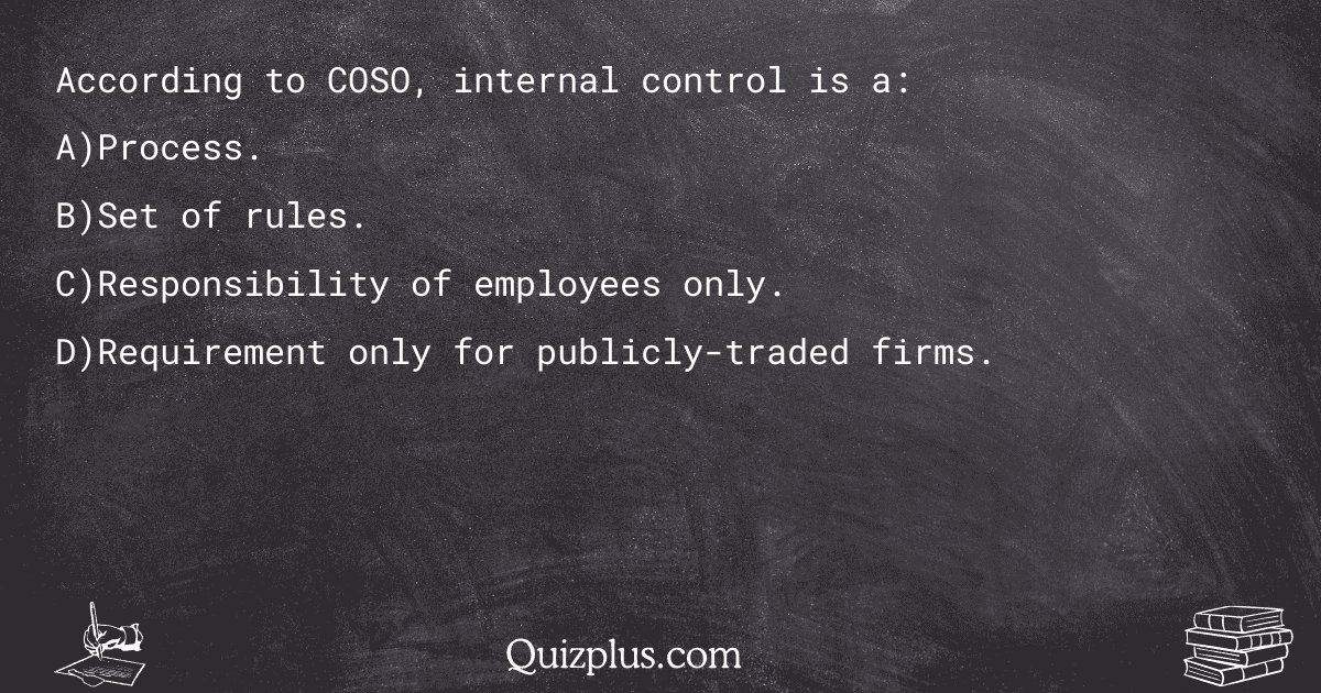 quizplus_exams's tweet image. According to COSO, internal control is a:

Get Answer: 👉 quizplus.com/quiz/68262-qui…

#SolvedPapers #EssexCountyCollege #finalexam