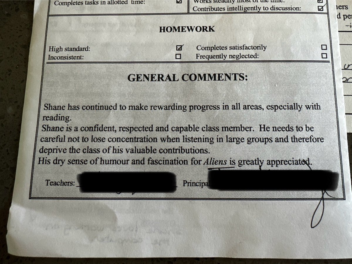 My 1996 report card confirms my obsession with aliens wasn’t just a phase. 😎

 I was six years old when this was written. 

Safe to say I’ve always been about this life. 
🖖🏼👽🛸 

Bonus points if you can work out why I’m going through my school reports! 👇🏼