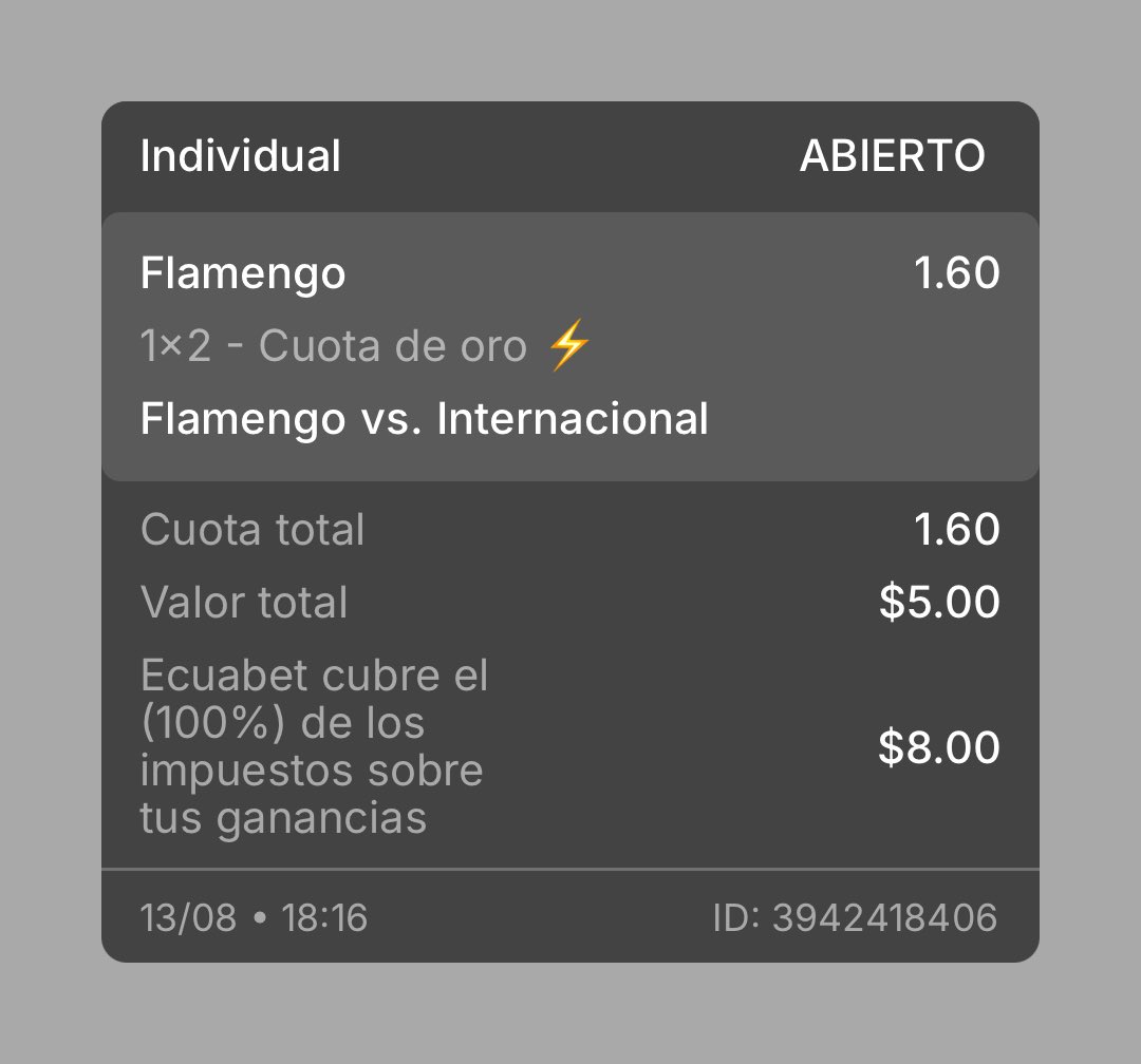 Aquí feliz porque hoy ganaré en la Libertadores 🏆 con mi pronóstico en <a href="/EcuabetOficial/">Ecuabet</a> 

¡Vamos Platita! Hoy <a href="/Flamengo_es/">Flamengo</a> le gana al <a href="/SCInternacional/">Sport Club Internacional</a>! 💪

Gana tú también en ecuabet.com